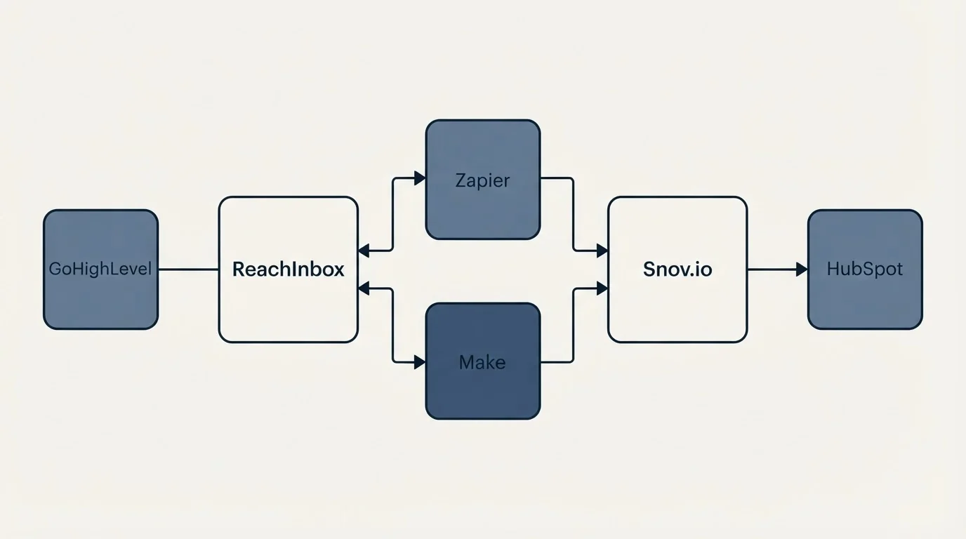 Integration flow: Integration Ecosystem (ReachInbox, Snov.io, Zapier, Make)