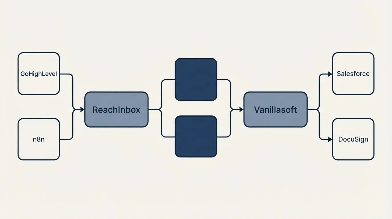 Integration schematic: Integration Ecosystem (ReachInbox, Vanillasoft, GoHighLevel, Salesforce)