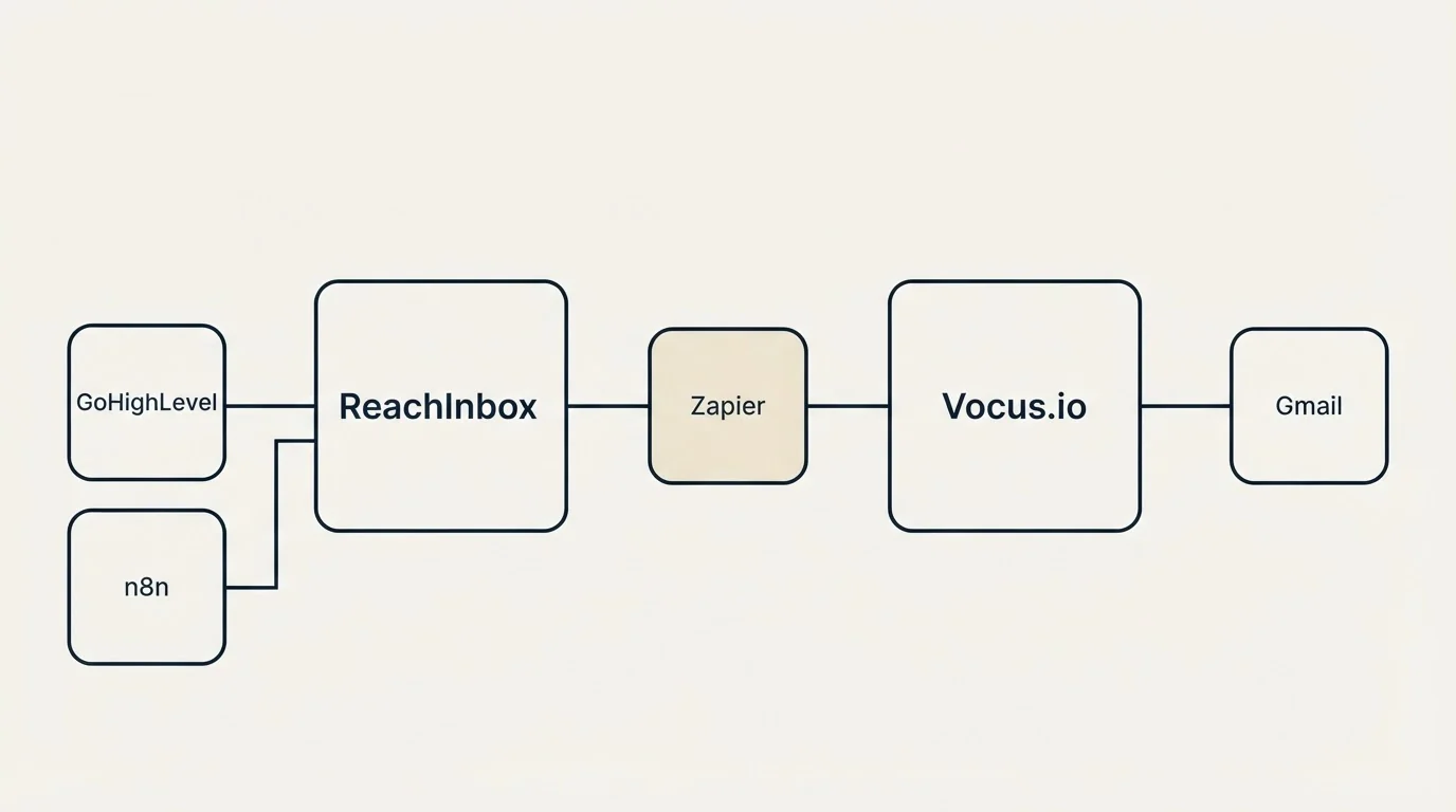Integration flow: Integration Ecosystem (ReachInbox, Vocus.io, Zapier, GoHighLevel)