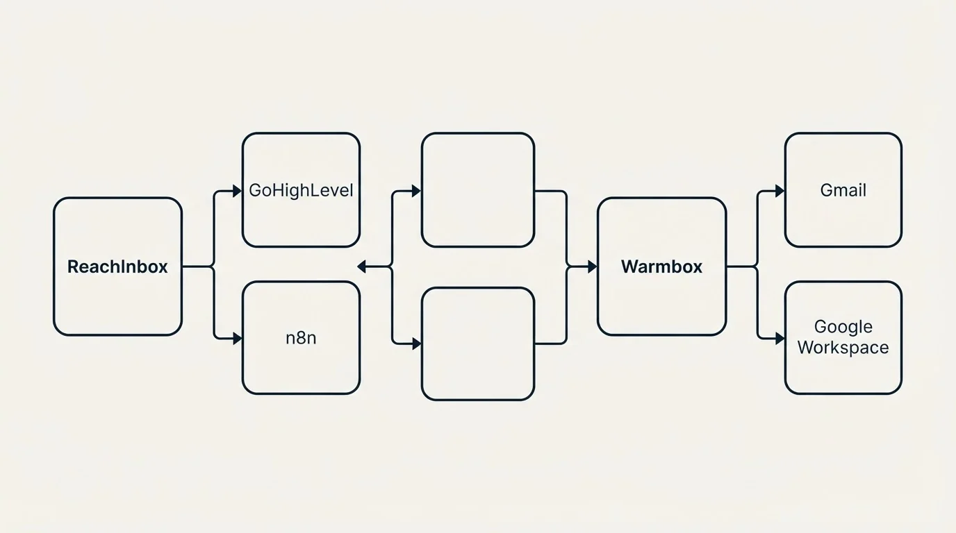 Integration flow: Integration Ecosystem (ReachInbox, Warmbox, GoHighLevel, Gmail)