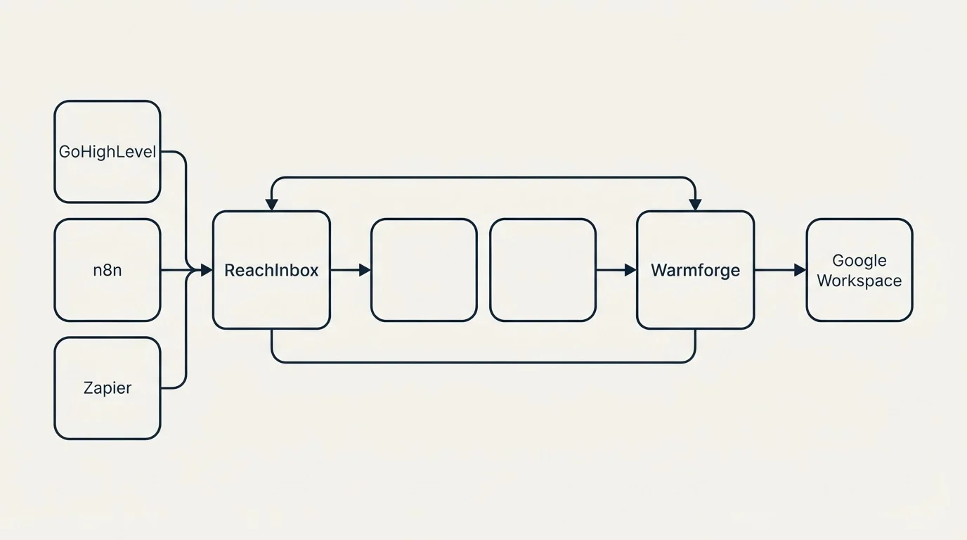 Integration schematic: Integration Ecosystem (ReachInbox, Warmforge, GoHighLevel, Google Workspace)
