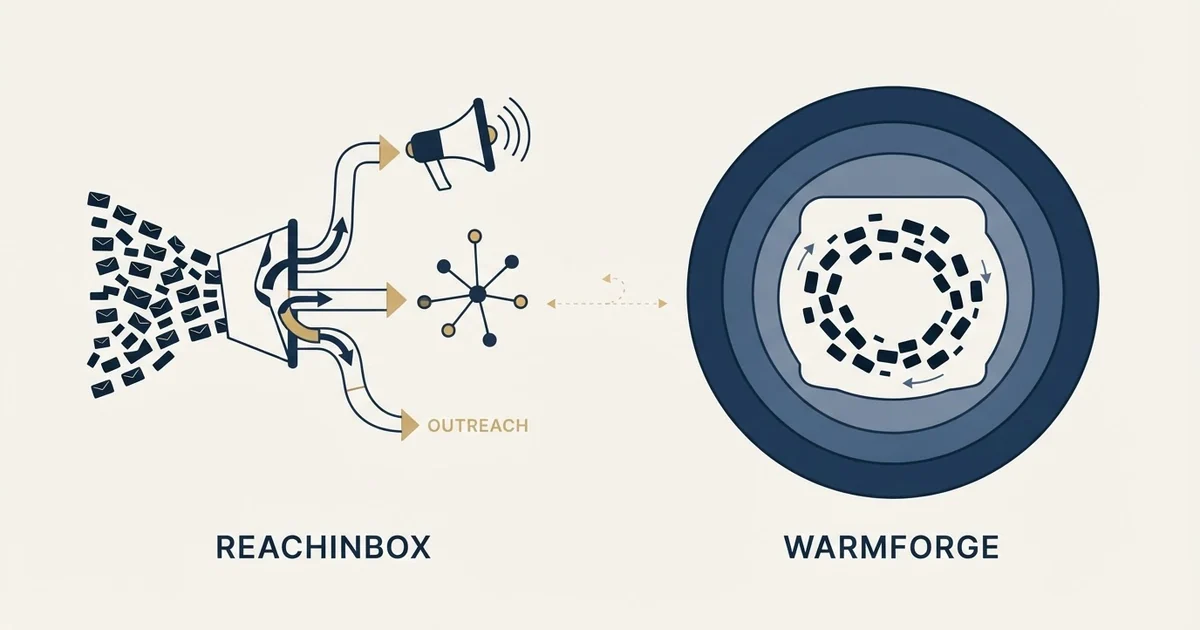 Editorial illustration for ReachInbox vs Warmforge
