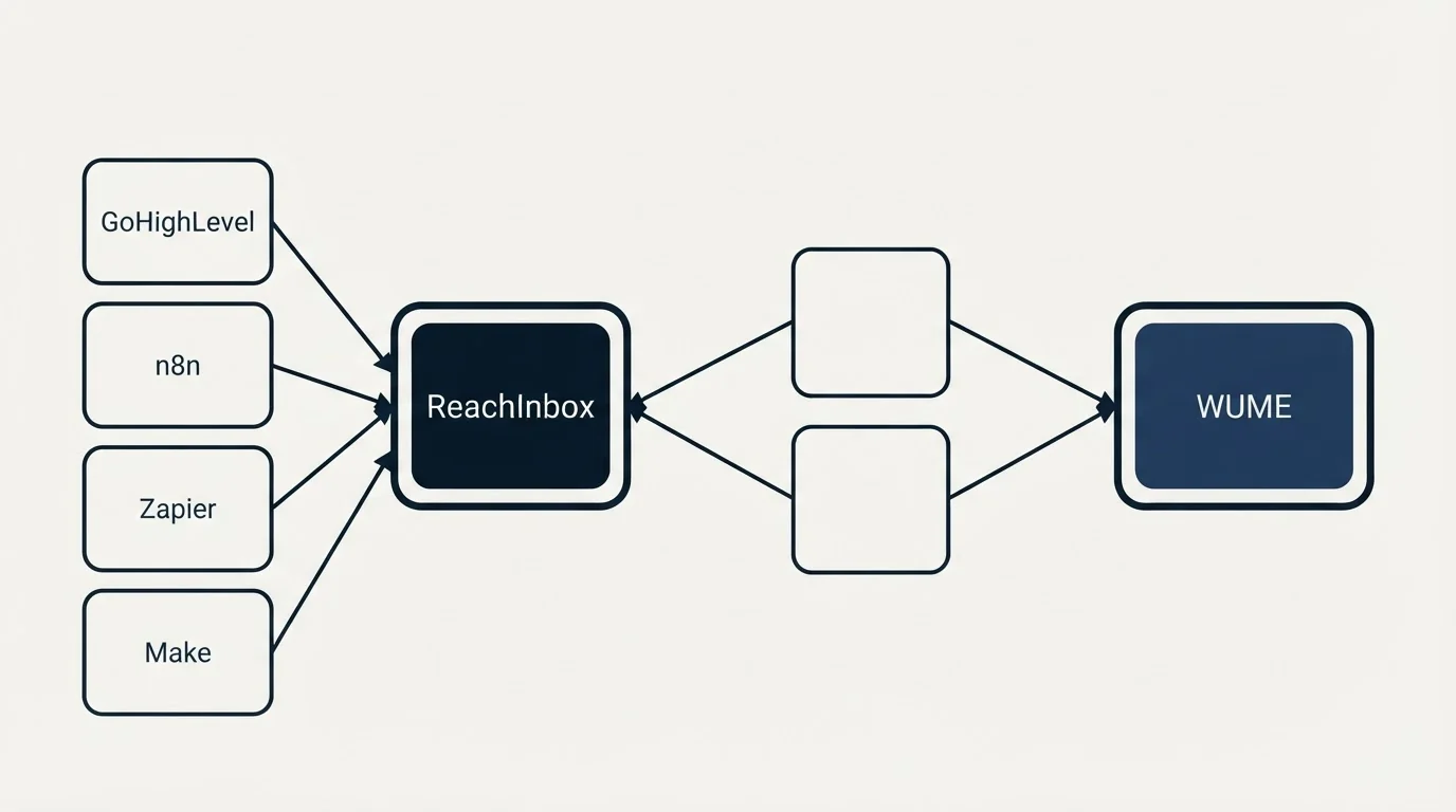Integration schematic: Integration Ecosystem (ReachInbox, WUME, GoHighLevel, n8n)