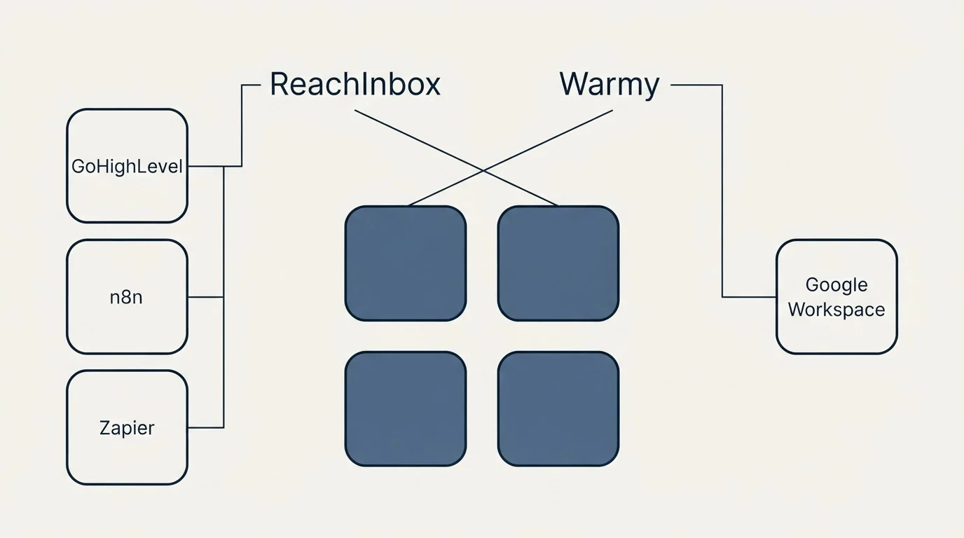 Integration grid: Integration Ecosystem (ReachInbox, Warmy, GoHighLevel, Google Workspace)