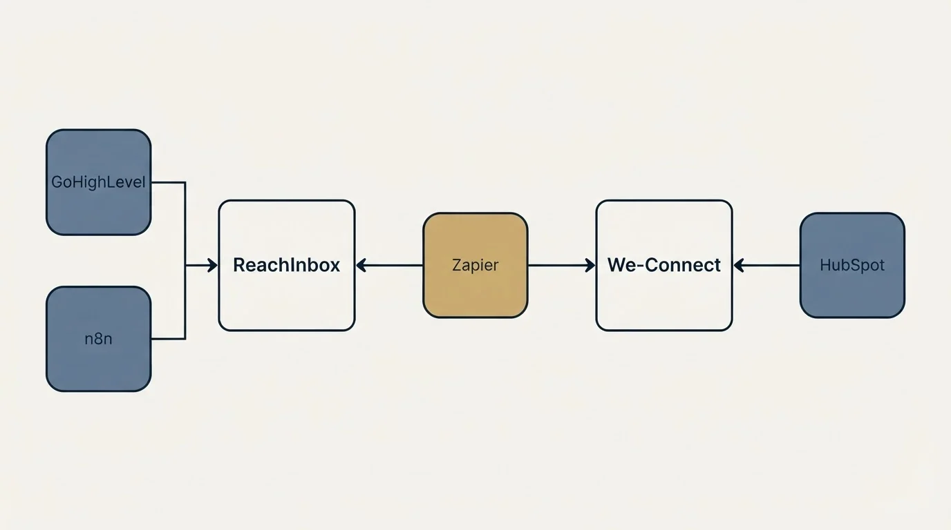 Integration flow: Integration Ecosystem (ReachInbox, We-Connect, Zapier, GoHighLevel)