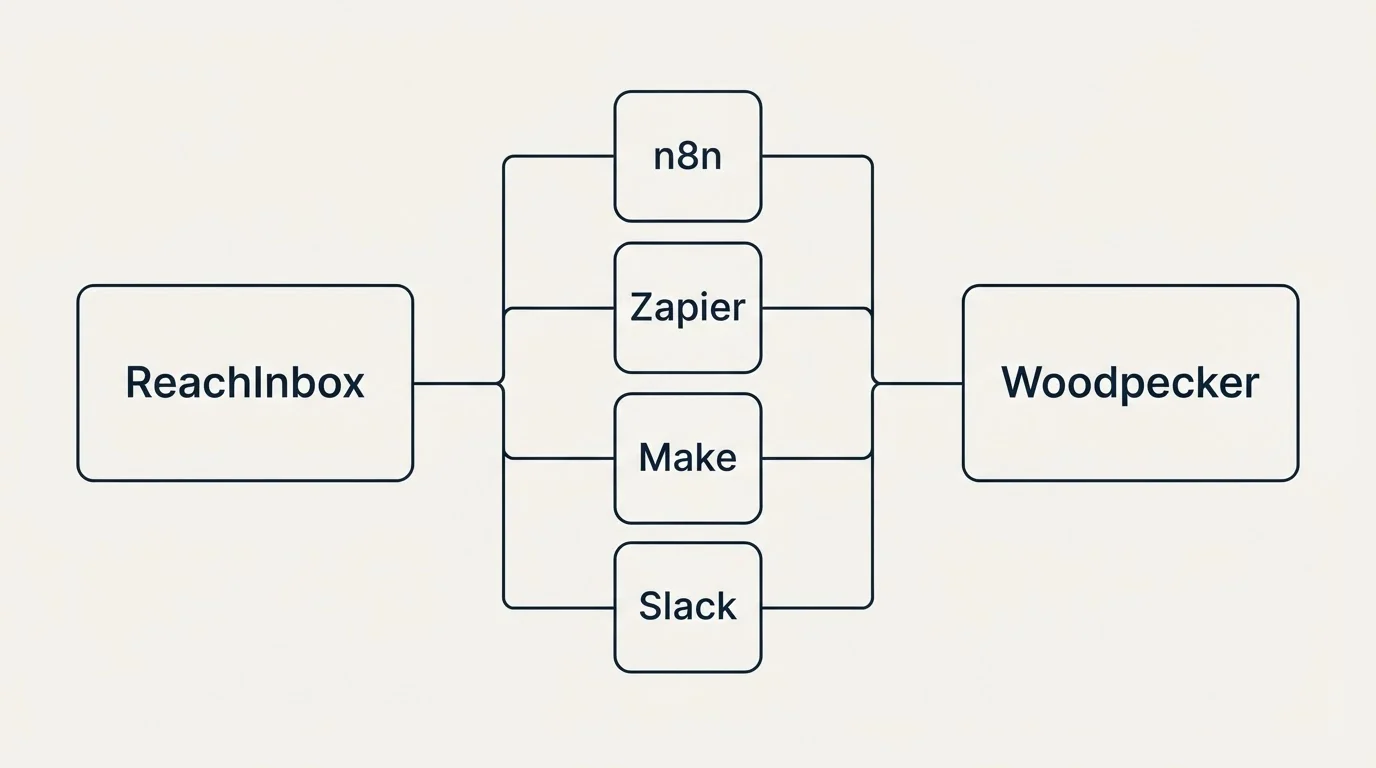 Integration flow: Integration Ecosystem (ReachInbox, Woodpecker, n8n, Zapier)
