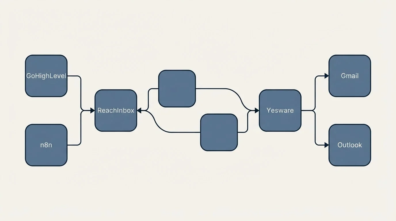 Integration schematic: Integration Ecosystem (ReachInbox, Yesware, GoHighLevel, Gmail)