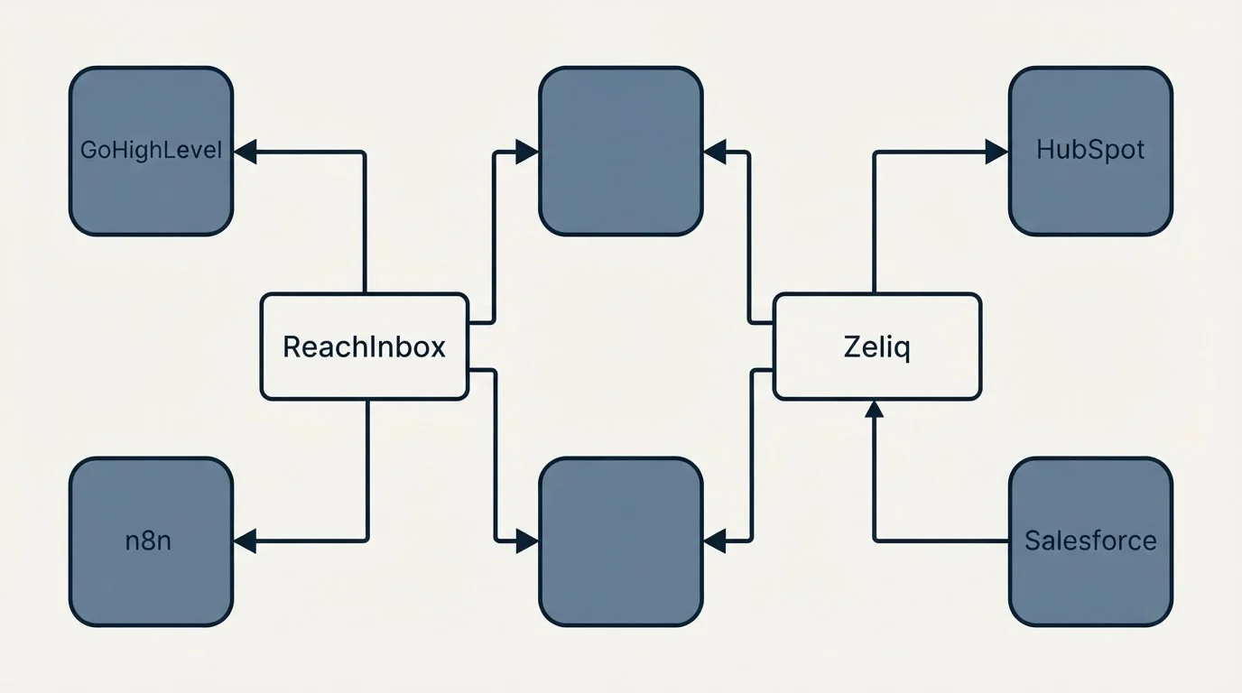 Integration flow: Integration Ecosystem (ReachInbox, Zeliq, GoHighLevel, HubSpot)