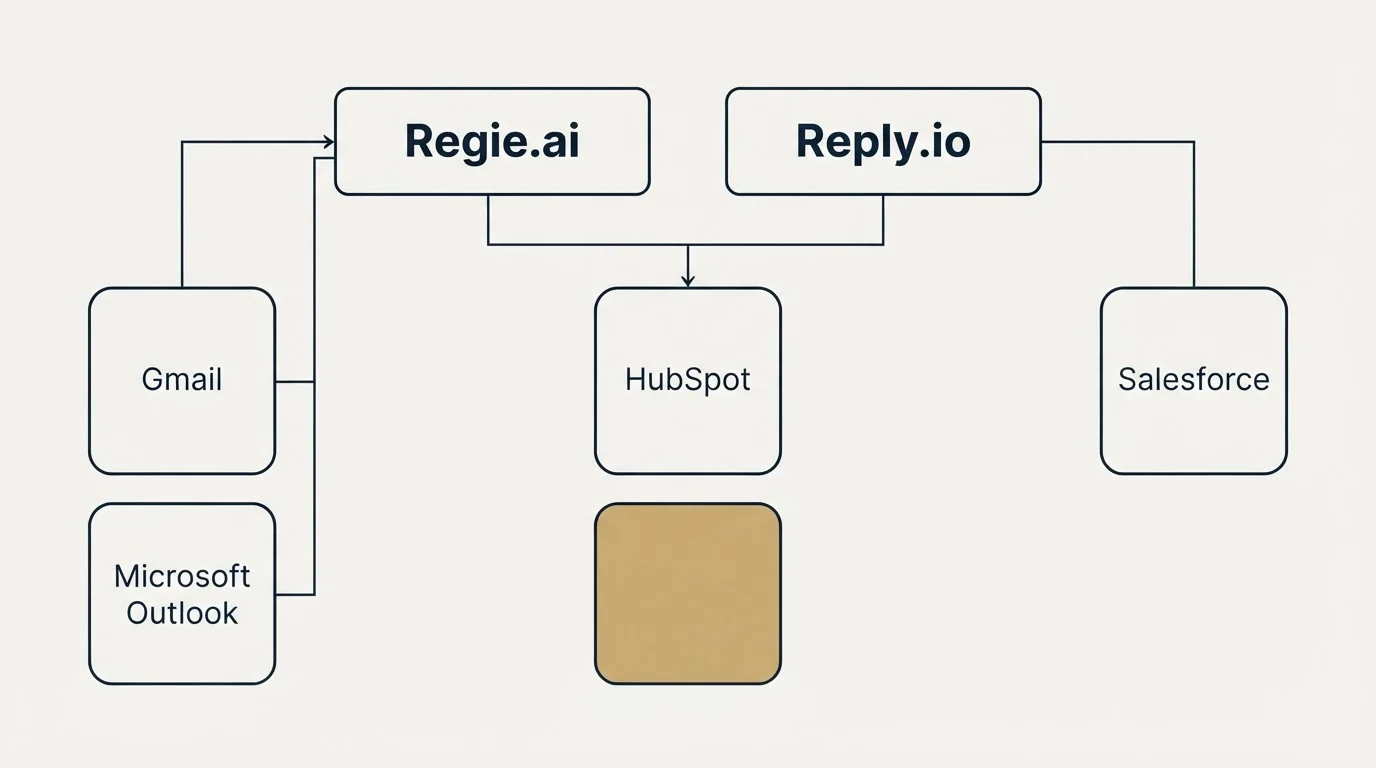 Integration grid: Integration Ecosystem (Regie.ai, Reply.io, HubSpot, Gmail)