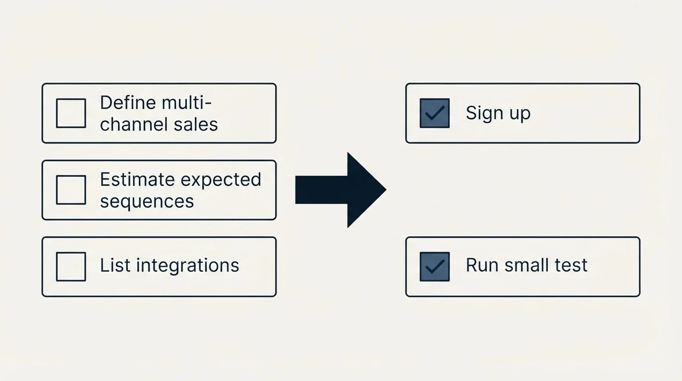 Before-and-after steps: Getting Started Checklist (Define multi-channel sales, Estimate expected sequences, List integrations, Sign up)