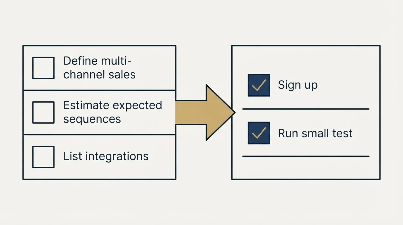 Before-and-after steps: Getting Started Checklist (Define multi-channel sales, Estimate expected sequences, List integrations, Sign up)