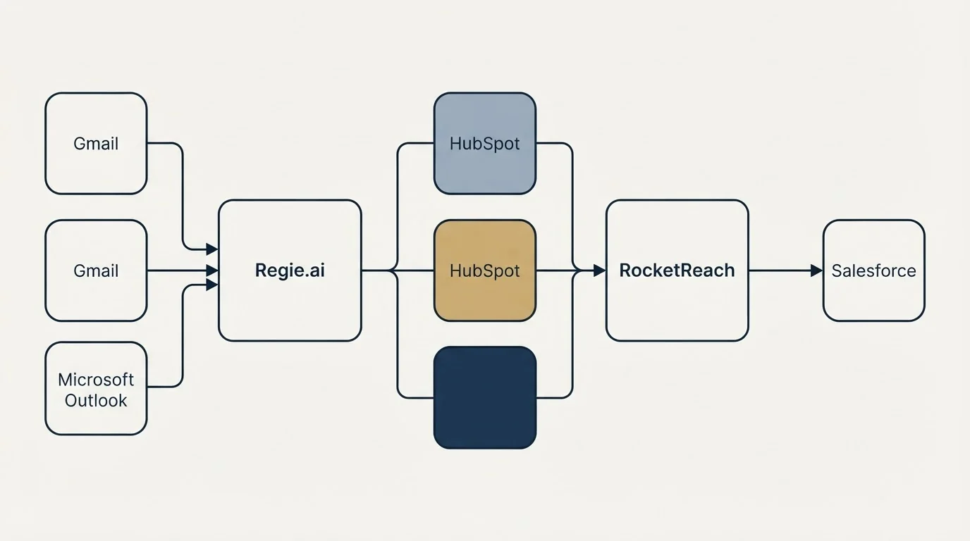 Integration flow: Integration Ecosystem (Regie.ai, RocketReach, HubSpot, Gmail)