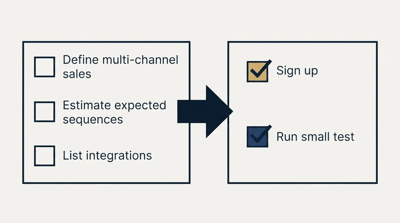 Before-and-after steps: Getting Started Checklist (Define multi-channel sales, Estimate expected sequences, List integrations, Sign up)