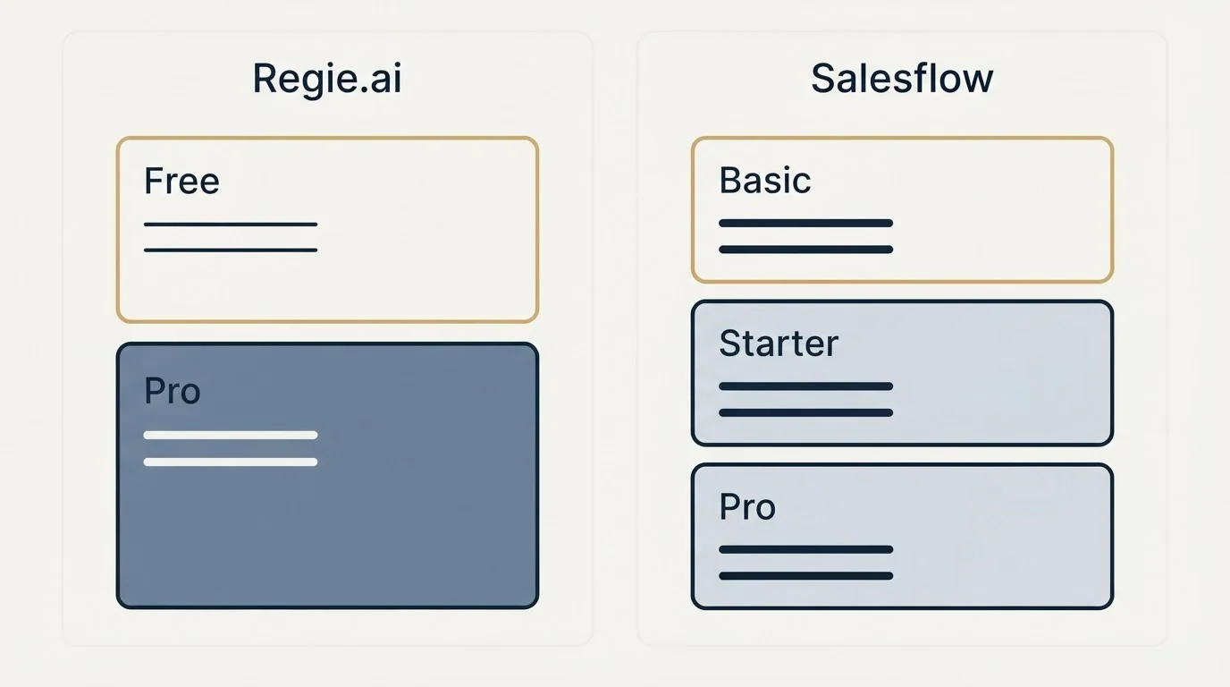 Pricing panels: Pricing Comparison (Regie.ai, Salesflow, Free, Basic)