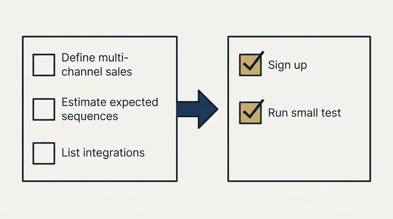 Before-and-after steps: Getting Started Checklist (Define multi-channel sales, Estimate expected sequences, List integrations, Sign up)