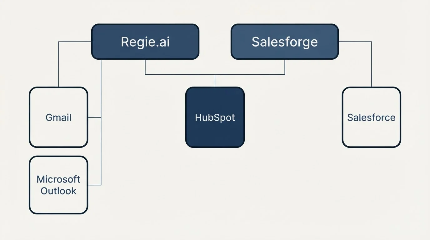 Integration grid: Integration Ecosystem (Regie.ai, Salesforge, HubSpot, Gmail)