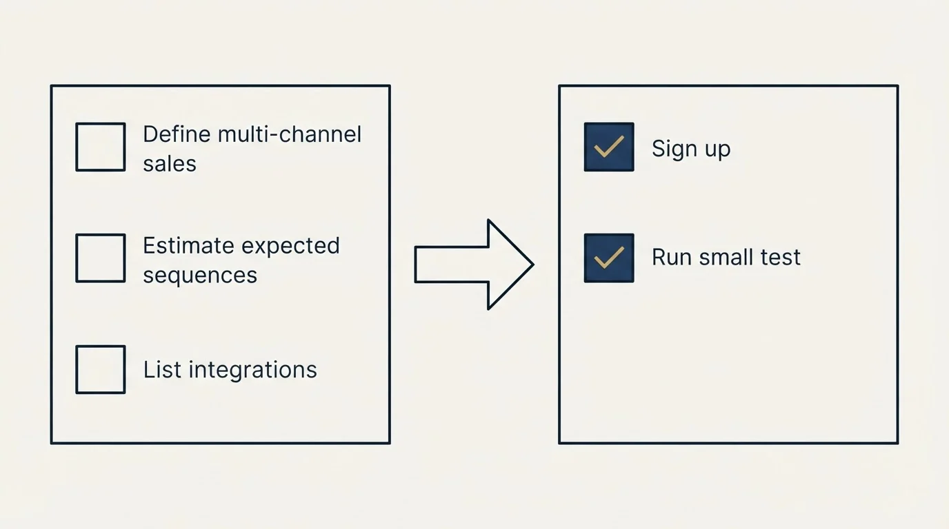 Before-and-after steps: Getting Started Checklist (Define multi-channel sales, Estimate expected sequences, List integrations, Sign up)