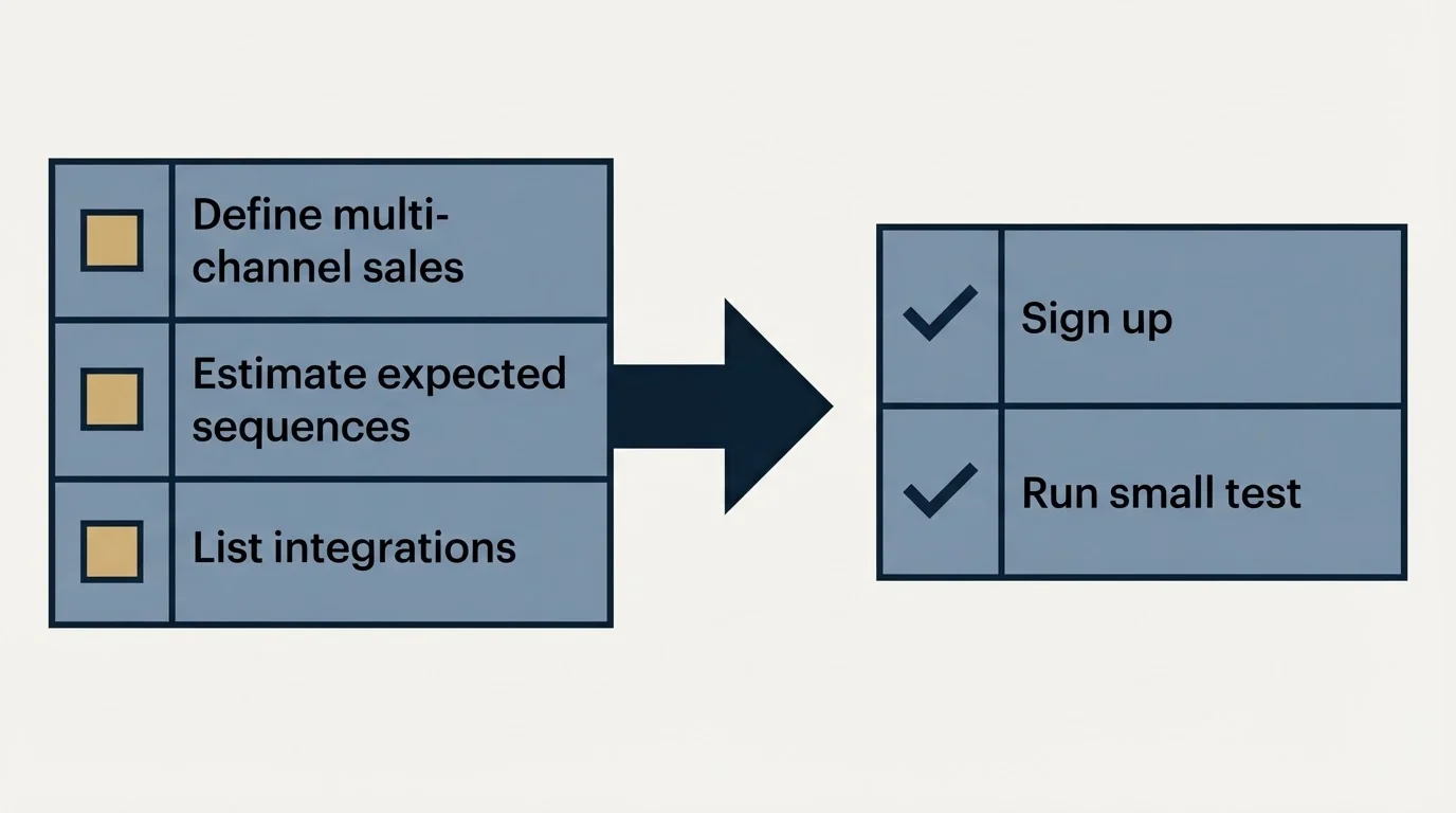 Before-and-after steps: Getting Started Checklist (Define multi-channel sales, Estimate expected sequences, List integrations, Sign up)