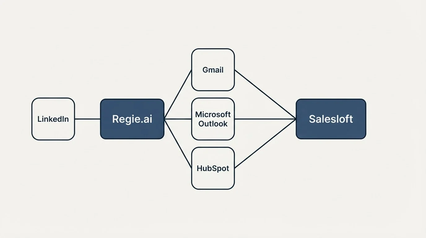 Integration schematic: Integration Ecosystem (Regie.ai, Salesloft, Gmail, Microsoft Outlook)