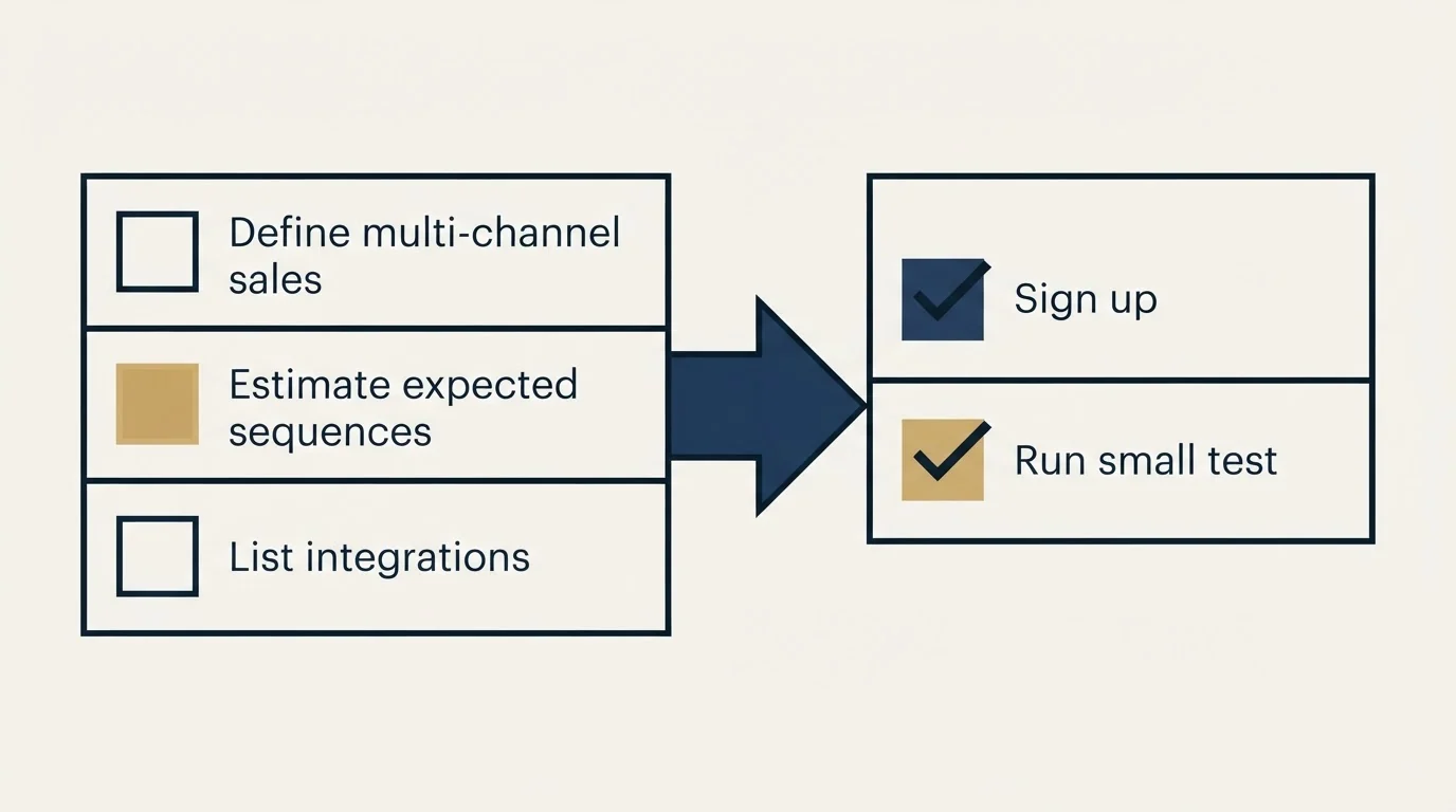 Before-and-after steps: Getting Started Checklist (Define multi-channel sales, Estimate expected sequences, List integrations, Sign up)