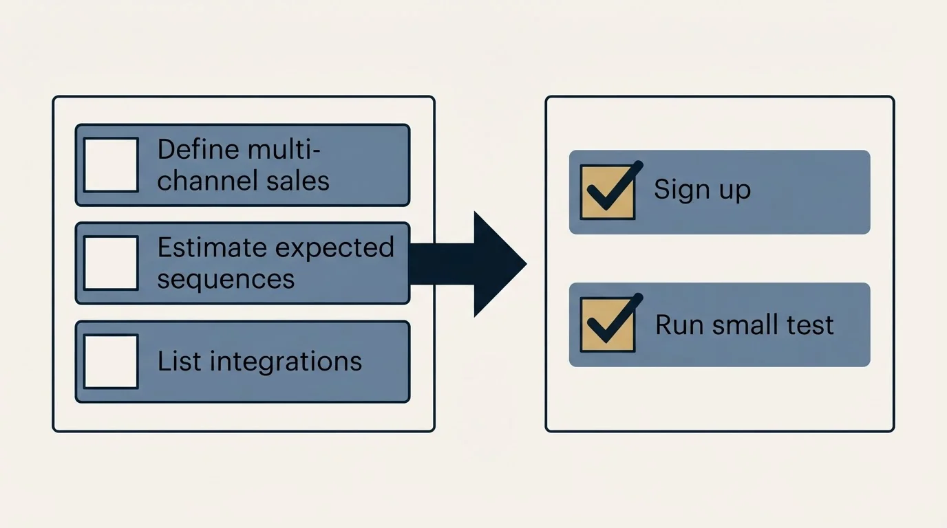 Before-and-after steps: Getting Started Checklist (Define multi-channel sales, Estimate expected sequences, List integrations, Sign up)