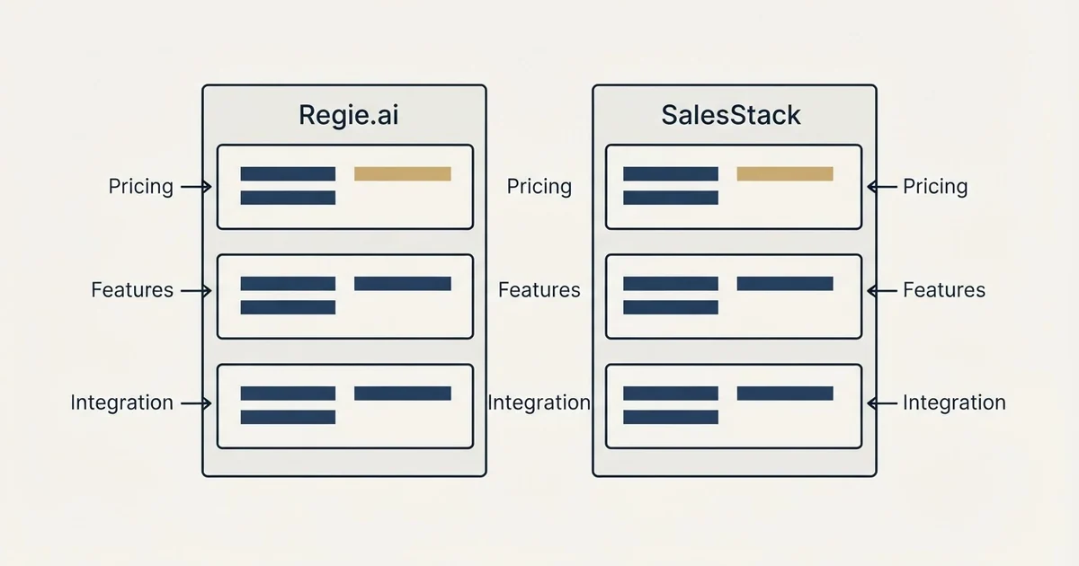 Comparison panel: Regie.ai vs SalesStack (Pricing, Features, Integration)