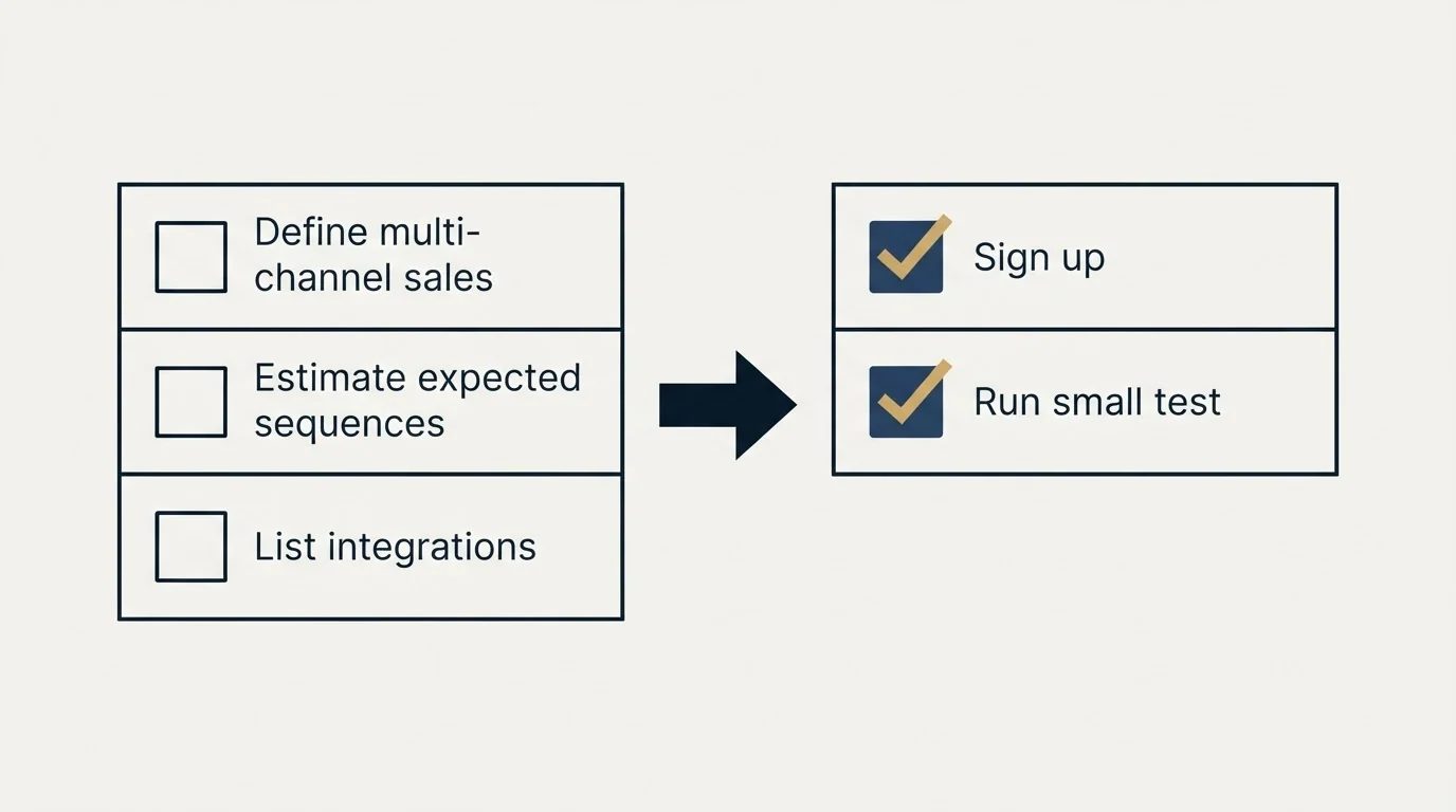 Before-and-after steps: Getting Started Checklist (Define multi-channel sales, Estimate expected sequences, List integrations, Sign up)