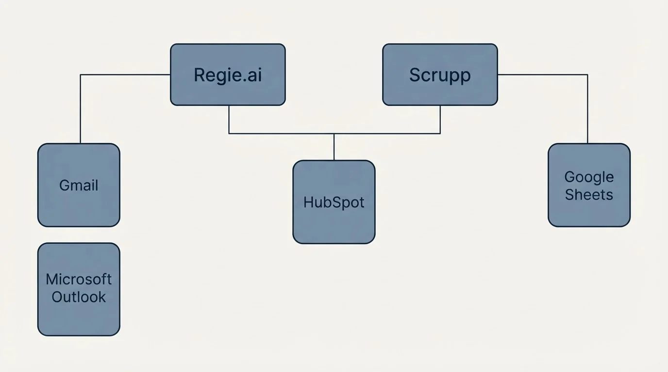 Integration grid: Integration Ecosystem (Regie.ai, Scrupp, HubSpot, Gmail)