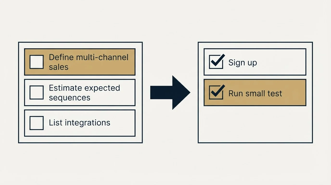 Before-and-after steps: Getting Started Checklist (Define multi-channel sales, Estimate expected sequences, List integrations, Sign up)
