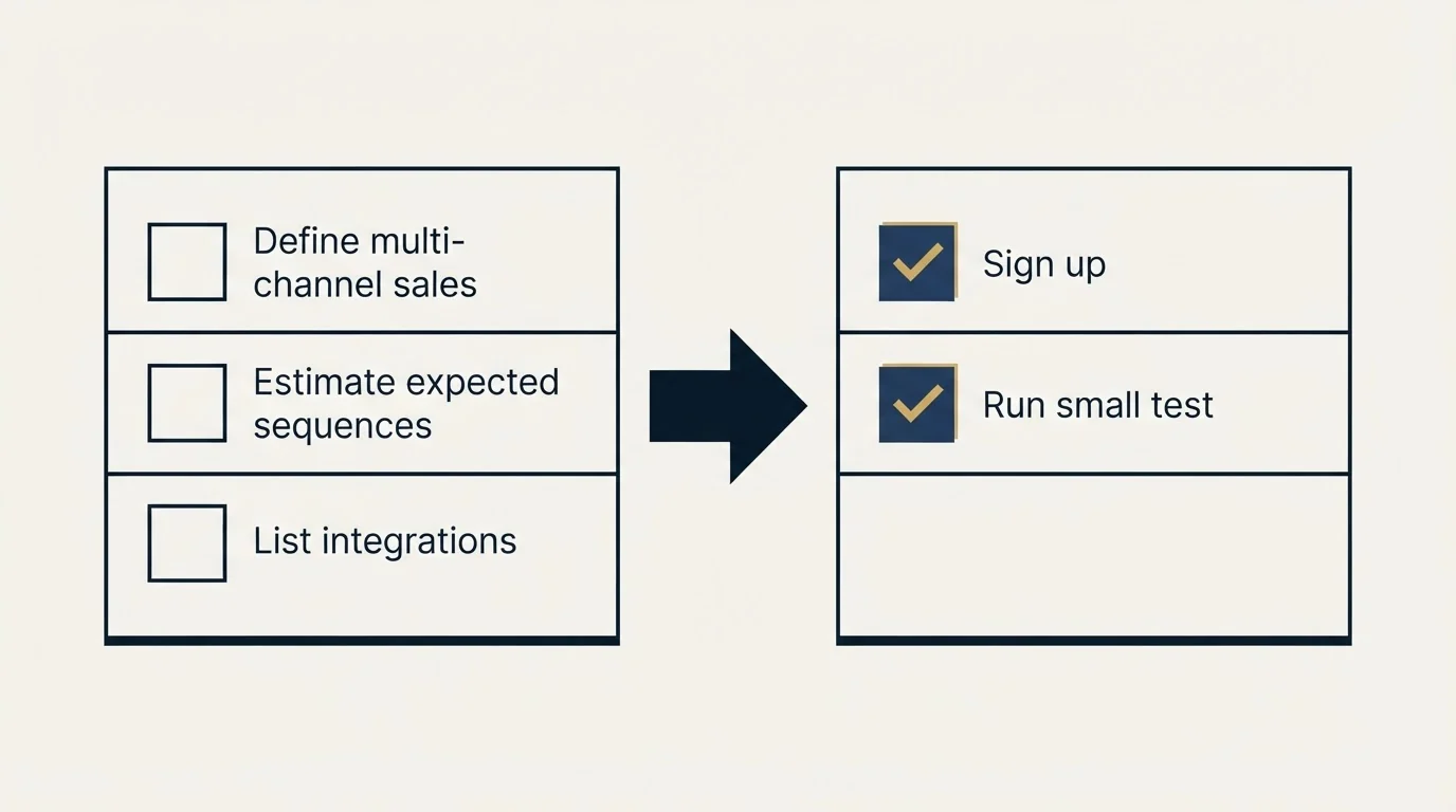 Before-and-after steps: Getting Started Checklist (Define multi-channel sales, Estimate expected sequences, List integrations, Sign up)