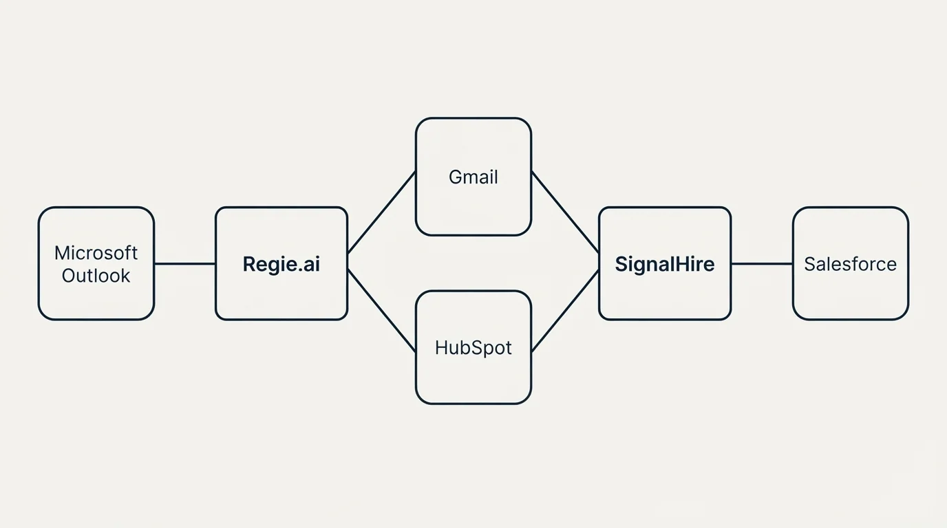 Integration schematic: Integration Ecosystem (Regie.ai, SignalHire, Gmail, HubSpot)