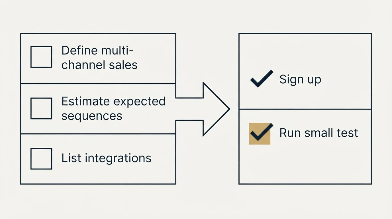 Before-and-after steps: Getting Started Checklist (Define multi-channel sales, Estimate expected sequences, List integrations, Sign up)