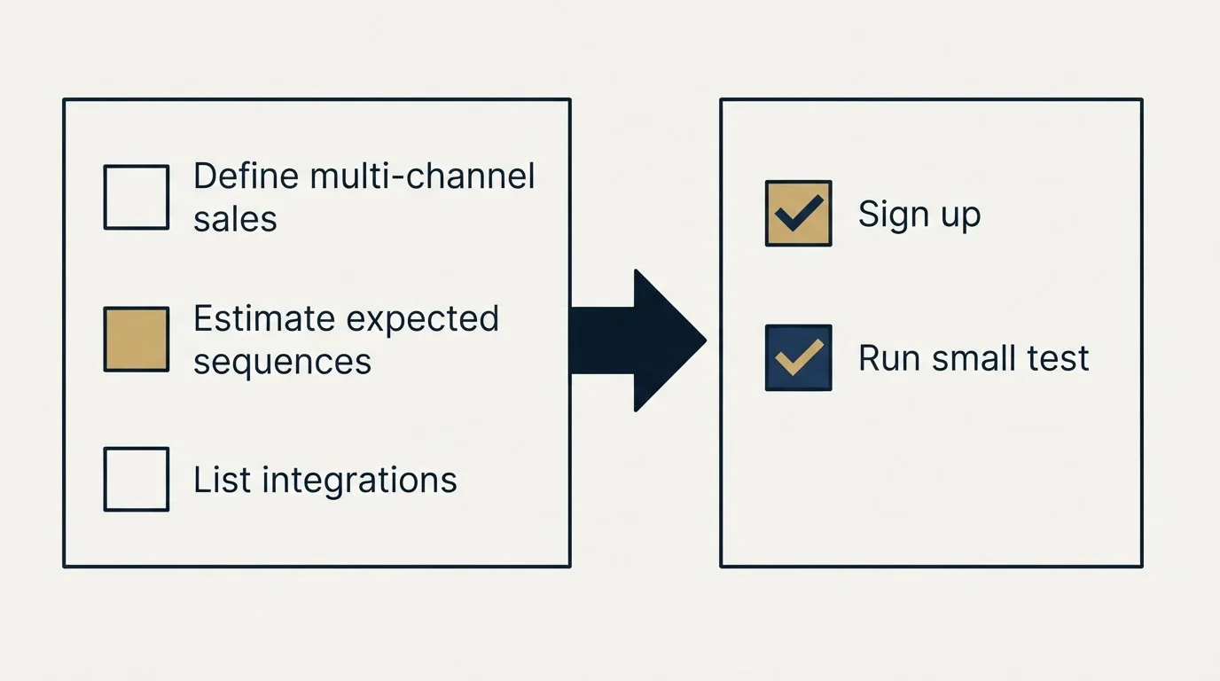 Before-and-after steps: Getting Started Checklist (Define multi-channel sales, Estimate expected sequences, List integrations, Sign up)