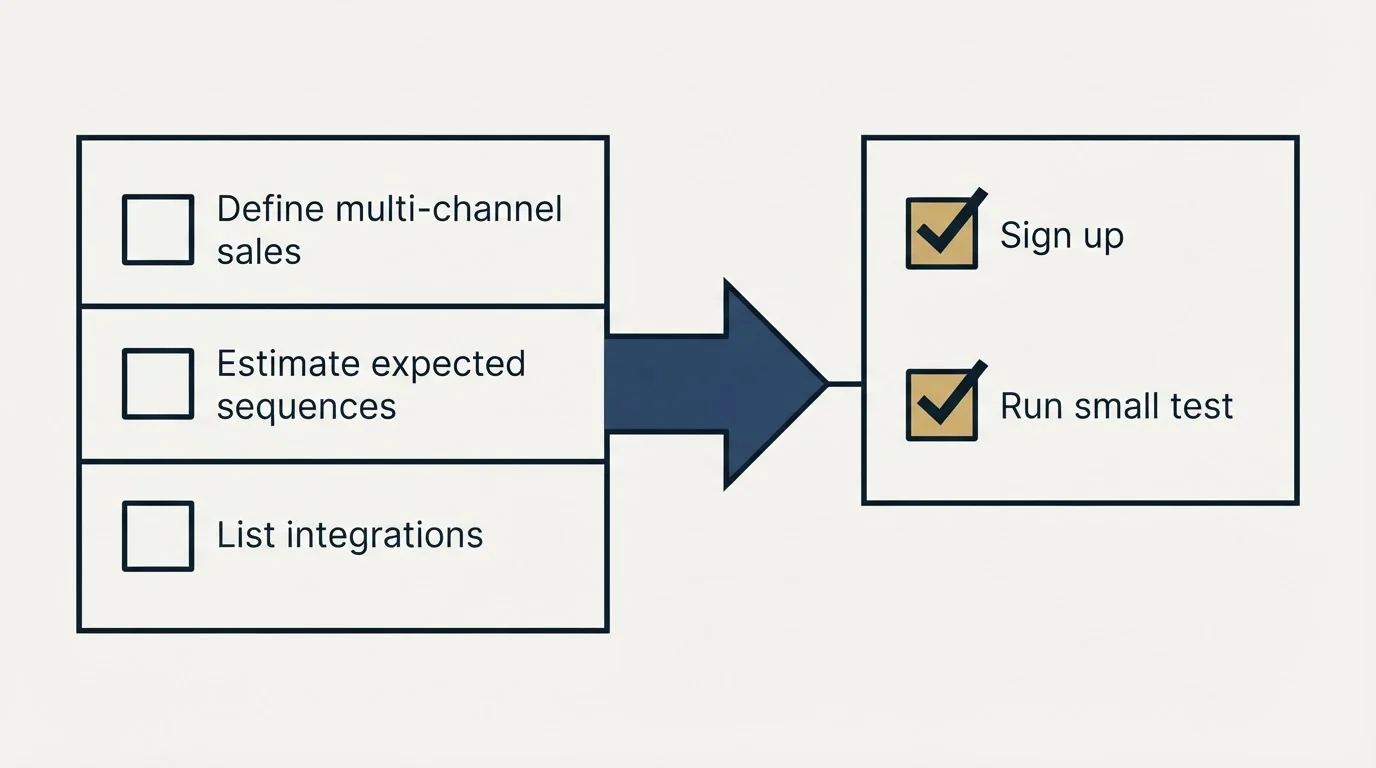 Before-and-after steps: Getting Started Checklist (Define multi-channel sales, Estimate expected sequences, List integrations, Sign up)
