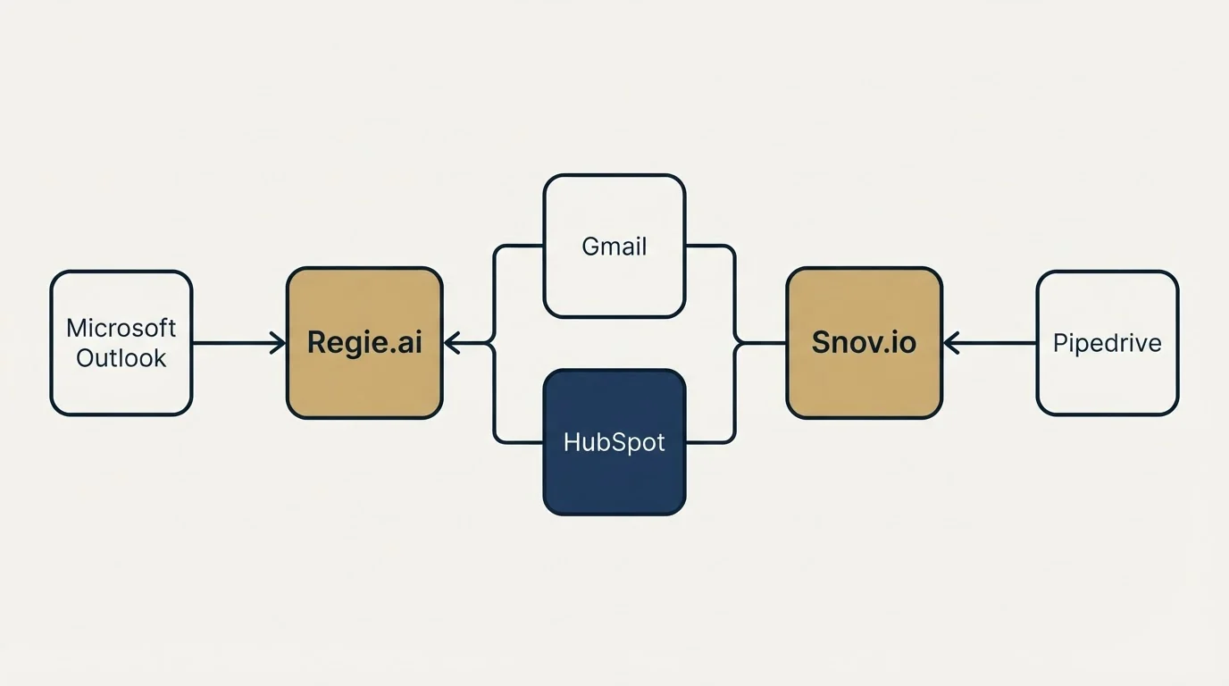 Integration flow: Integration Ecosystem (Regie.ai, Snov.io, Gmail, HubSpot)