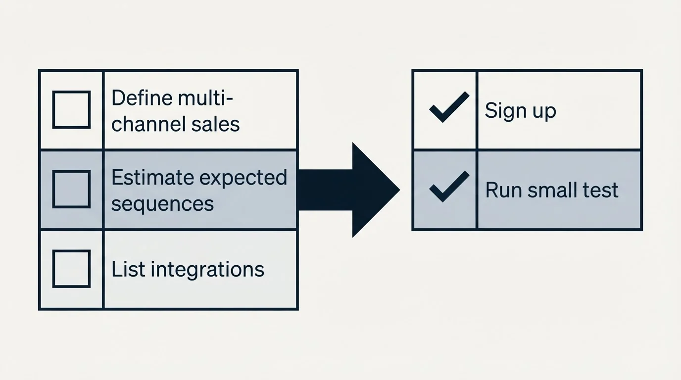 Before-and-after steps: Getting Started Checklist (Define multi-channel sales, Estimate expected sequences, List integrations, Sign up)