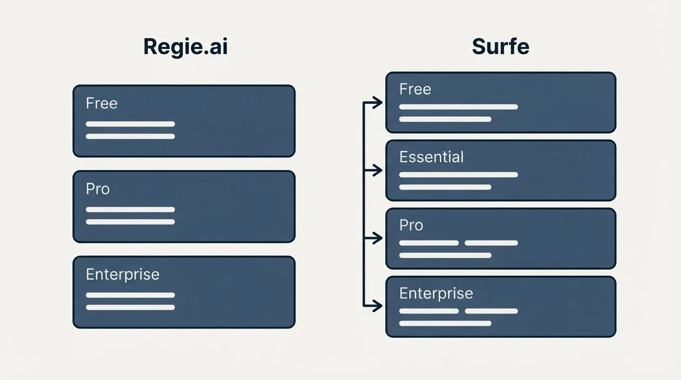 Pricing panels: Pricing Comparison (Regie.ai, Surfe, Free, Pro)