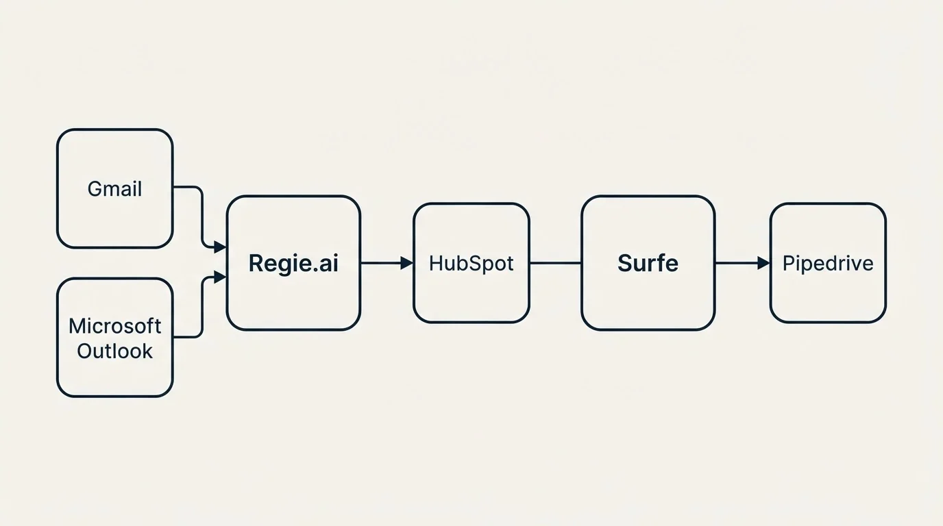 Integration schematic: Integration Ecosystem (Regie.ai, Surfe, HubSpot, Gmail)
