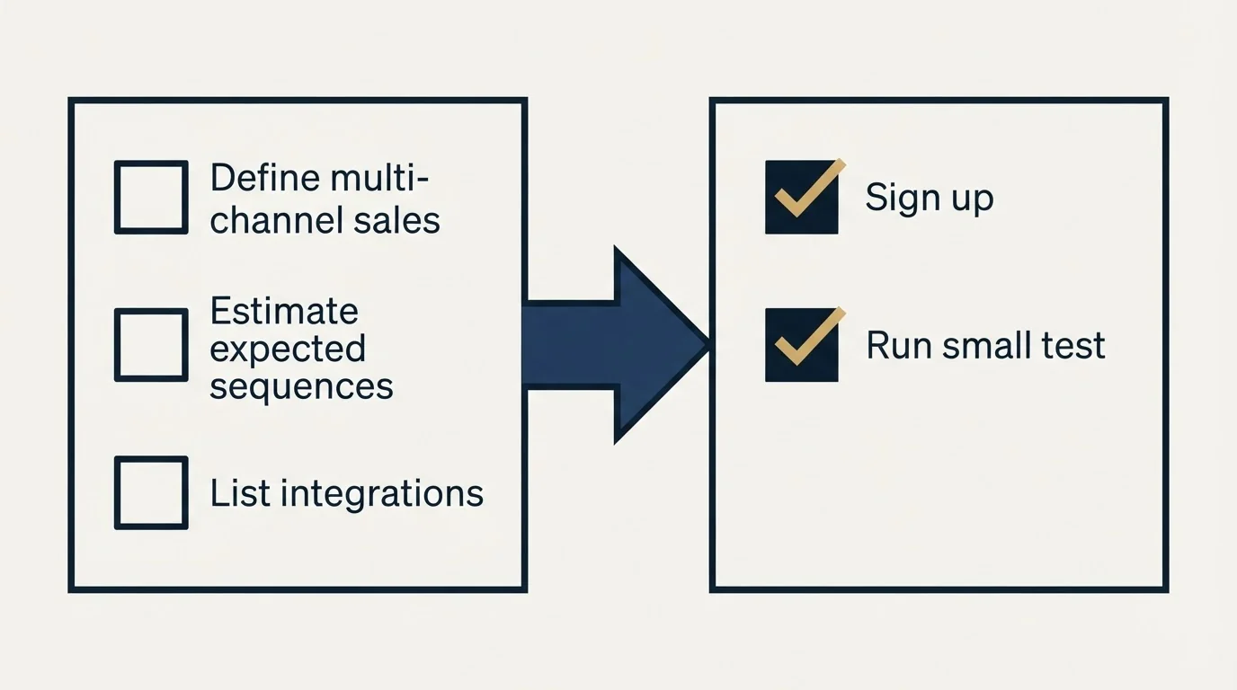 Before-and-after steps: Getting Started Checklist (Define multi-channel sales, Estimate expected sequences, List integrations, Sign up)