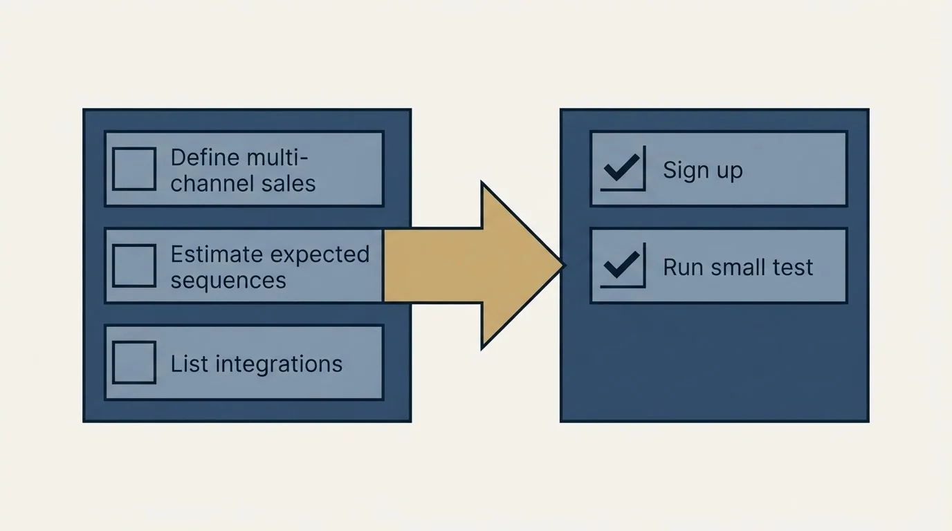 Before-and-after steps: Getting Started Checklist (Define multi-channel sales, Estimate expected sequences, List integrations, Sign up)