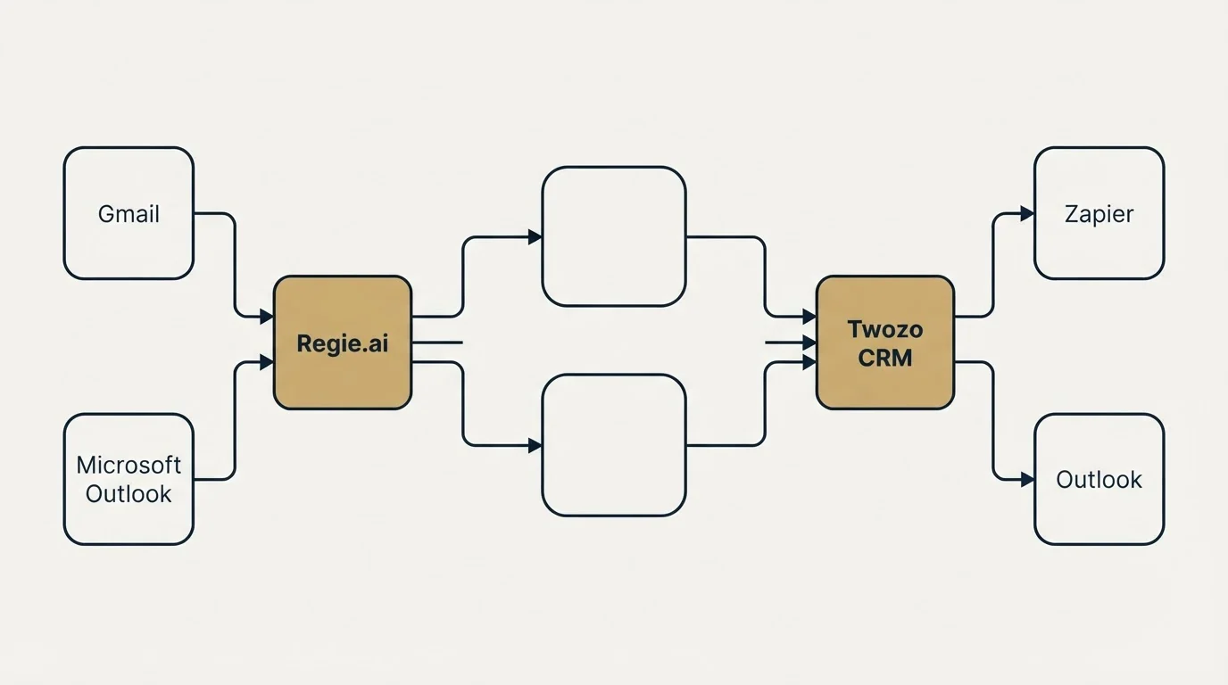 Integration schematic: Integration Ecosystem (Regie.ai, Twozo CRM, Gmail, Zapier)