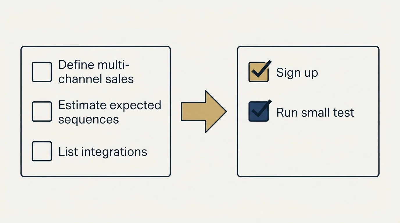 Before-and-after steps: Getting Started Checklist (Define multi-channel sales, Estimate expected sequences, List integrations, Sign up)