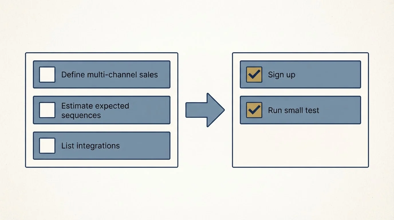 Before-and-after steps: Getting Started Checklist (Define multi-channel sales, Estimate expected sequences, List integrations, Sign up)