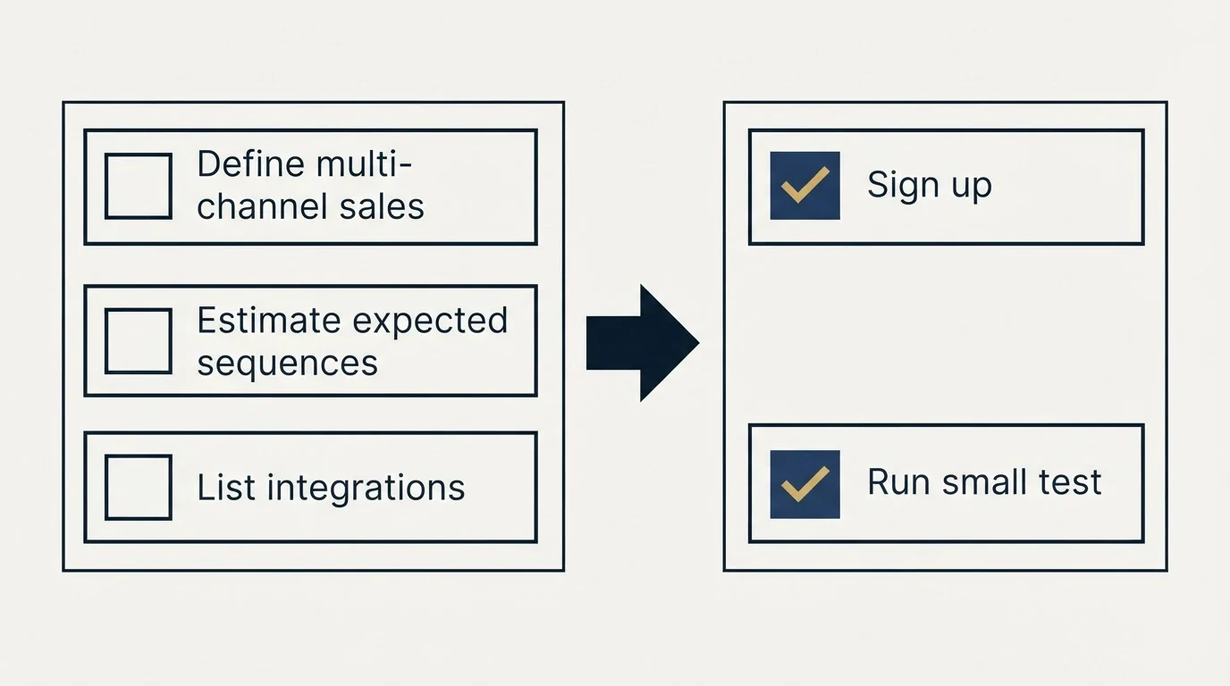 Before-and-after steps: Getting Started Checklist (Define multi-channel sales, Estimate expected sequences, List integrations, Sign up)