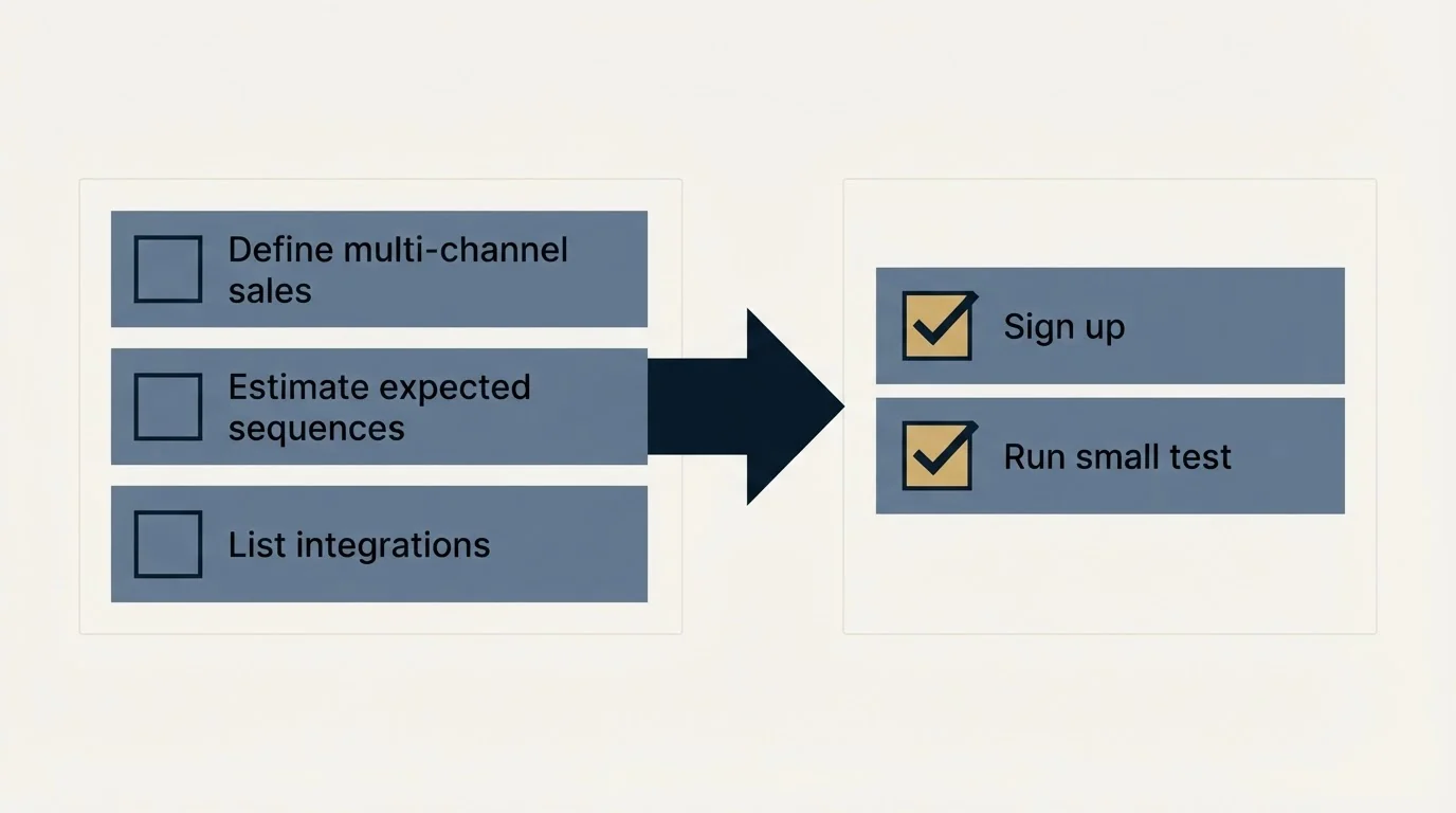 Before-and-after steps: Getting Started Checklist (Define multi-channel sales, Estimate expected sequences, List integrations, Sign up)