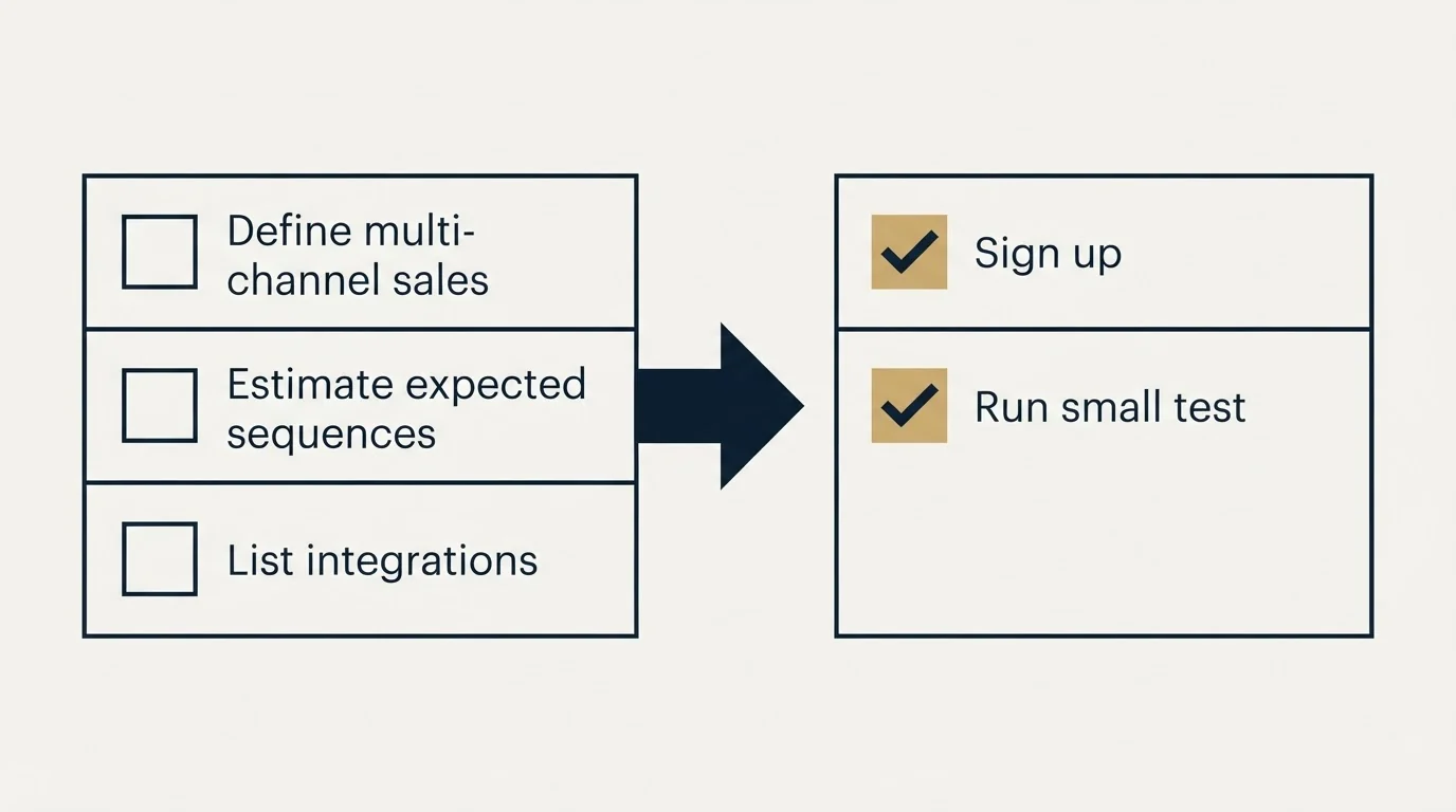 Before-and-after steps: Getting Started Checklist (Define multi-channel sales, Estimate expected sequences, List integrations, Sign up)