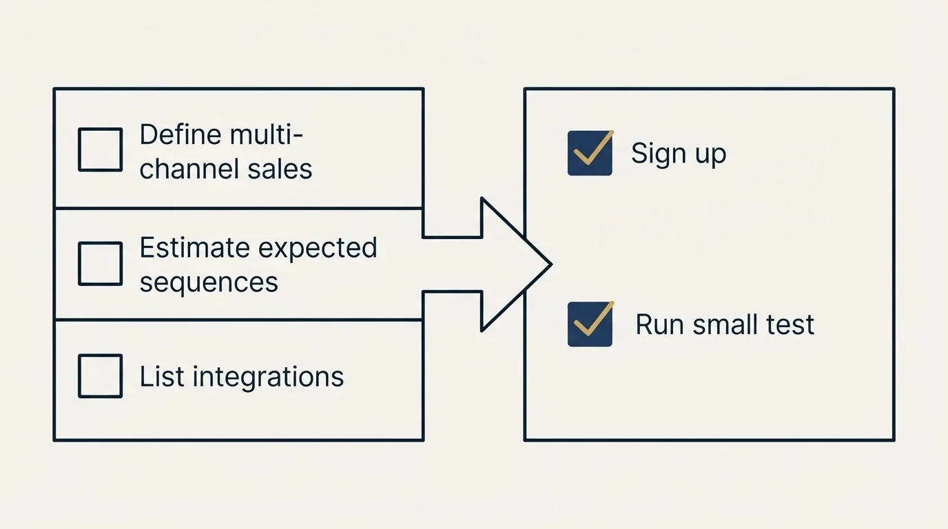 Before-and-after steps: Getting Started Checklist (Define multi-channel sales, Estimate expected sequences, List integrations, Sign up)