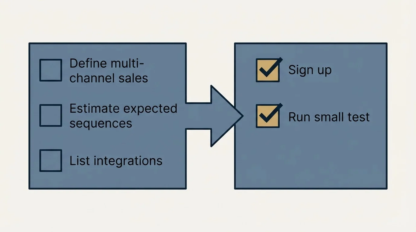 Before-and-after steps: Getting Started Checklist (Define multi-channel sales, Estimate expected sequences, List integrations, Sign up)