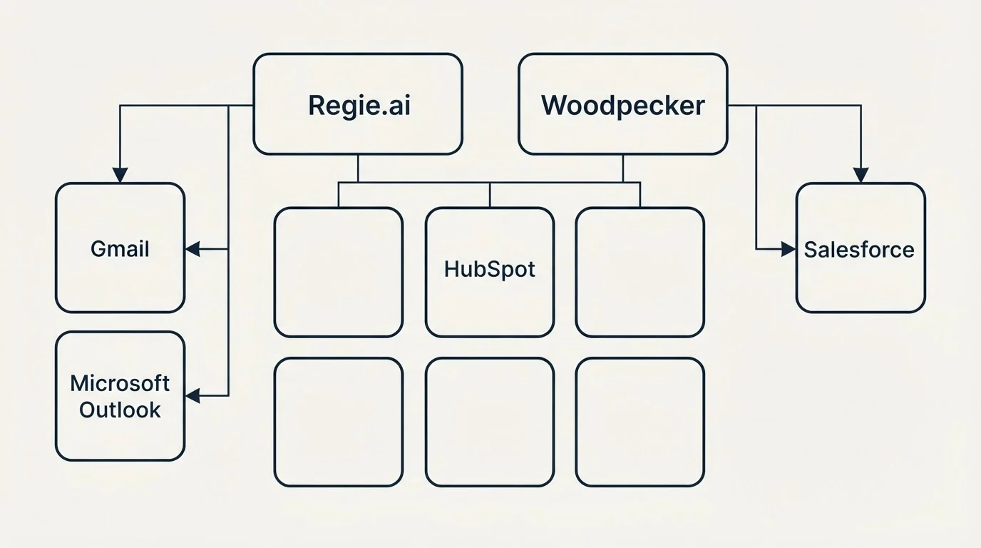 Integration grid: Integration Ecosystem (Regie.ai, Woodpecker, HubSpot, Gmail)