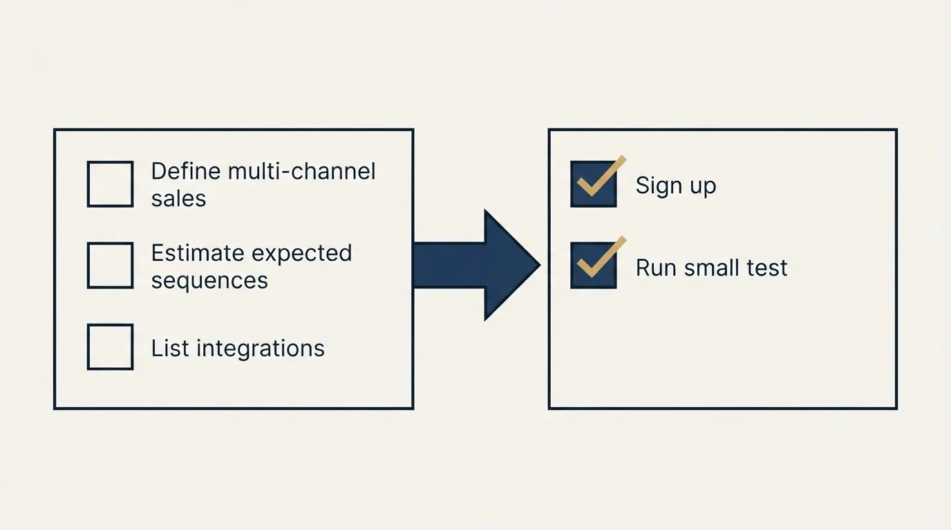 Before-and-after steps: Getting Started Checklist (Define multi-channel sales, Estimate expected sequences, List integrations, Sign up)